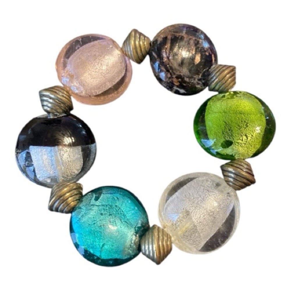 Vintage Glass Multicolor Foiled Stretch Bronze Spacers Bracelet